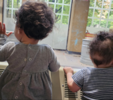 Infants looking out window